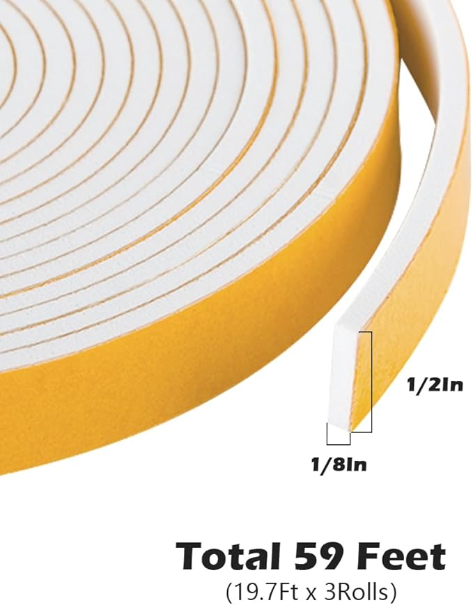 Adhesive Foam Tape 59 Feet, Soundproofing Neoprene Rubber Tape Door Insulation Weather Weatherproof Stripping, 1/2" Wide X 1/8" Thick, 19.7 Ft X 3 Rolls