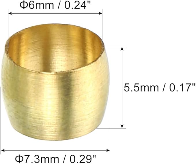 PATIKIL Brass 6mm Compression Sleeves Ferrules, 25 Pack Brass Compression Fitting Assortment Kit for Air Water Gas Pipe