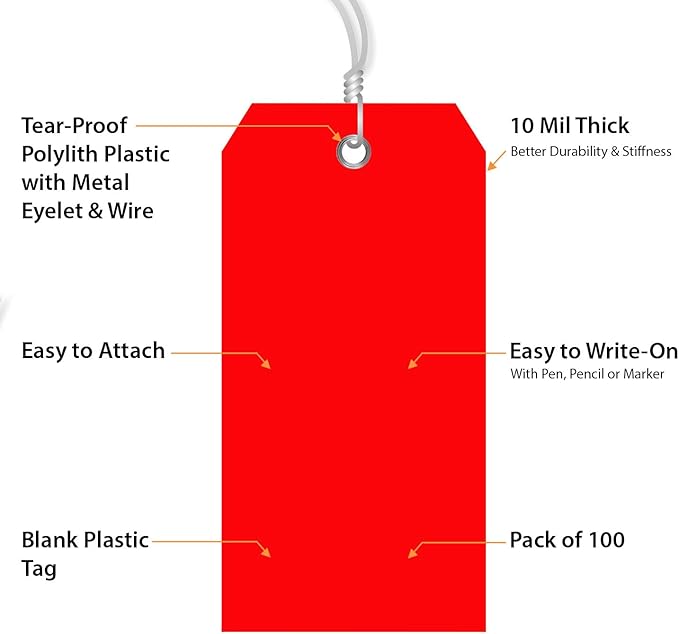 SmartSign Pack of 100 Red Plastic Tags with Wires, 4.75 x 2.375 inch, Metal Eyelet, 10 mil Tear-Proof Polylith Plastic Size-5, Writable