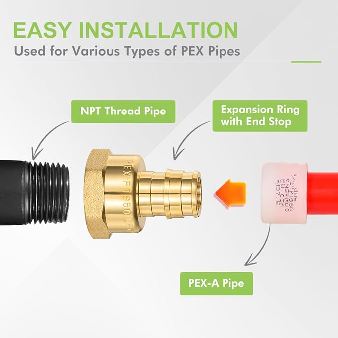 10 Pack ORIANSE 1/2" Pex-A Female Adapter, 1/2" NPT to 1/2" PEX Brass Expansion PEX-A Fittings,Zero-Lead Brass NSF/ANSI 61 NSF 372 Certificate, ASTM F1960 Certified