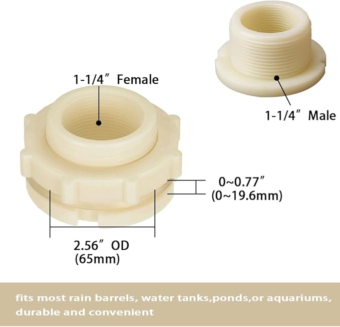 1.25 Female ABS Bulkhead Fitting, Plastic Water Tank Connector Adapter Fitting with Plugs for Outdoor rain Barrel Garden Hose Adapter Spigot kit Water Tank Gallon Drain Bucket(Set of 4)