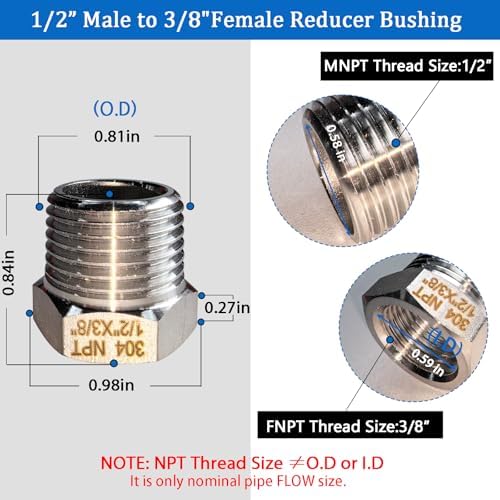2 Pcs Stainless Steel Bushing 1/2" Male to 3/8" Female, 1/2" to 3/8" NPT Adapter Hex Stainless Steel Reducing Pipe Adapter Fitting Pipe Hose Tube Adapter Convert