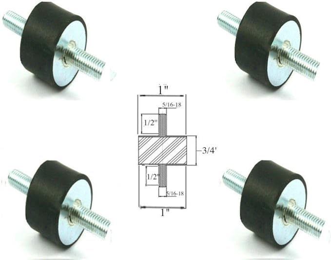 4 Rubber Anti Vibration Isolator Mounts - 1" Diameter x 3/4" Height, 5/16-18 x 1/2" Long Studs Male/Male