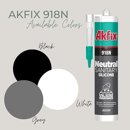 Akfix 918N White 100% Silicone Caulk for Kitchen and Bathroom (24x10.5 fl.oz.) - Solvent-Free, Low Odor, UV & Water Resistant, Fast Curing, Non-sag, High Elasticity Silicone Sealant | White, 24 Pack