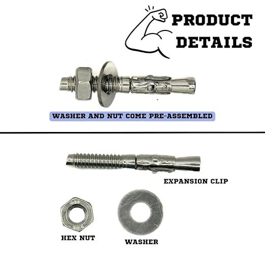 Wedge Anchors – Heavy-Duty 304 Stainless Steel Expansion Bolts for Concrete & Masonry, Rust-Resistant & Durable - 1/4" X 1-3/4" - 50 Pack