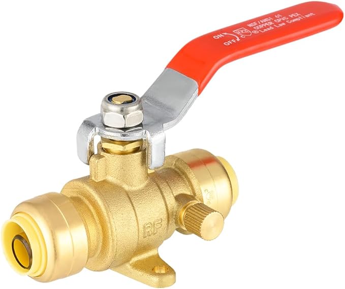 EFIELD 1/2 Inch Push-Fit Full Port Drop Ear Brass Ball Valve with Drain, Plumbing Fittings For Copper, Pex, Cpvc Pipe,(PF-VALVE070)