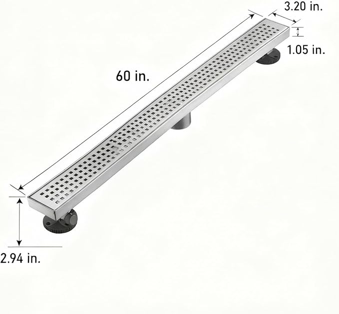 Linear Shower Floor Drain, Brushed Nickel 60 Inch 304 Stainless Steel Bathroom Drains Kit, Long Rectangular Shower Trench Drain with Square Pattern Drain Cover & Hair Catcher