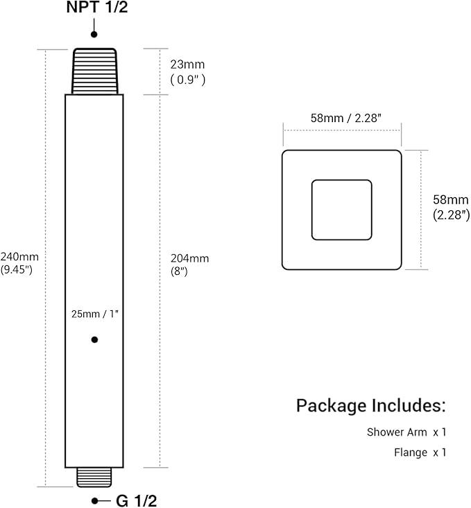 TRUSTMI Square Shower Arm with Flange 8 Inch Top Ceiling Mounted Rainfall Shower Head Extension Heavy Duty Stainless Steel, Polished Chrome