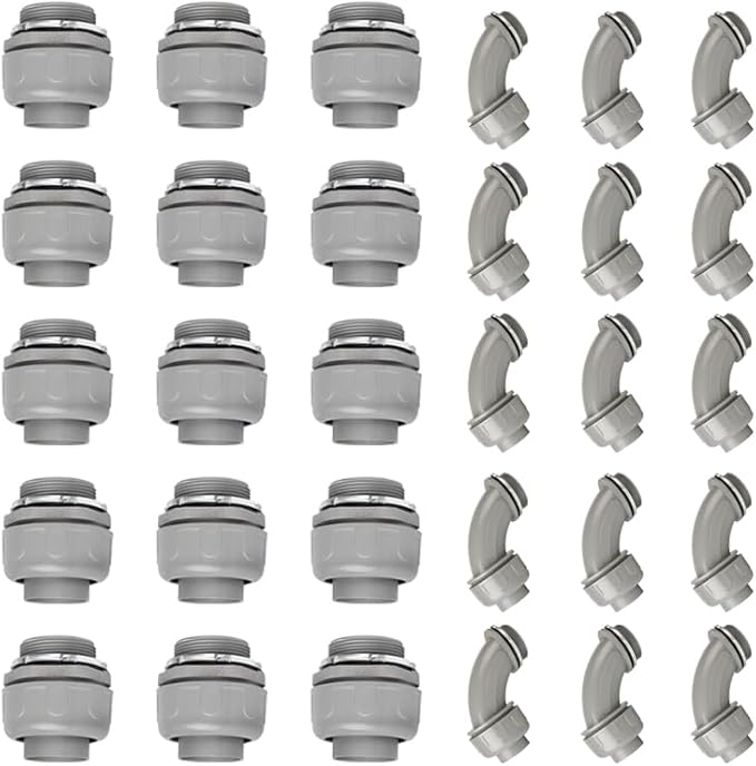 Conduit Connectors, 1-1/2 Inch Liquid Tight Connector NPT Non-Metallic for PVC Electrical Flexible Conduit Fittings, 15 Straight and 15 Angle 90 Degree, UL Listed, Grey (30-Pack)