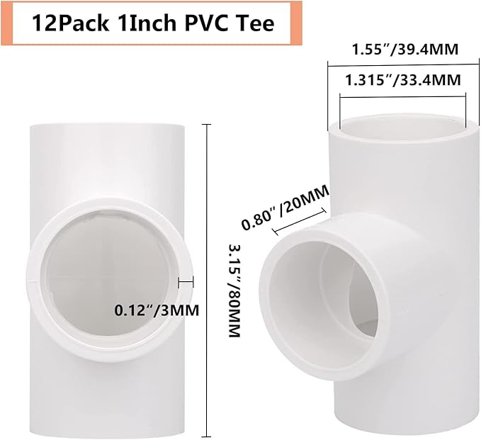 12 Pack 1" 3 Way PVC Pipe Fittings, Furniture Grade SCH40 PVC Elbow, S x S x Socket, Contractor Pack, Meets ASTM D2466 & D1784 Standards