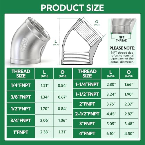 TAISHER 1PCS 304 Stainless Steel 45 Degree elbow,3" NPT Female x 3" NPT Female 304 Stainless Pipe Fitting