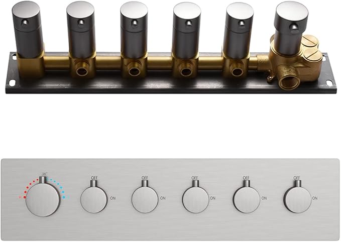 AYIVG 5 Functions Shower 6 Handles Valve Trim Kit Brass Shower Diverter Thermostatic Valve Pressure Balanced Mixer in Brushed Nickel Can Use All Function At a Time Flow Can Be Controlled