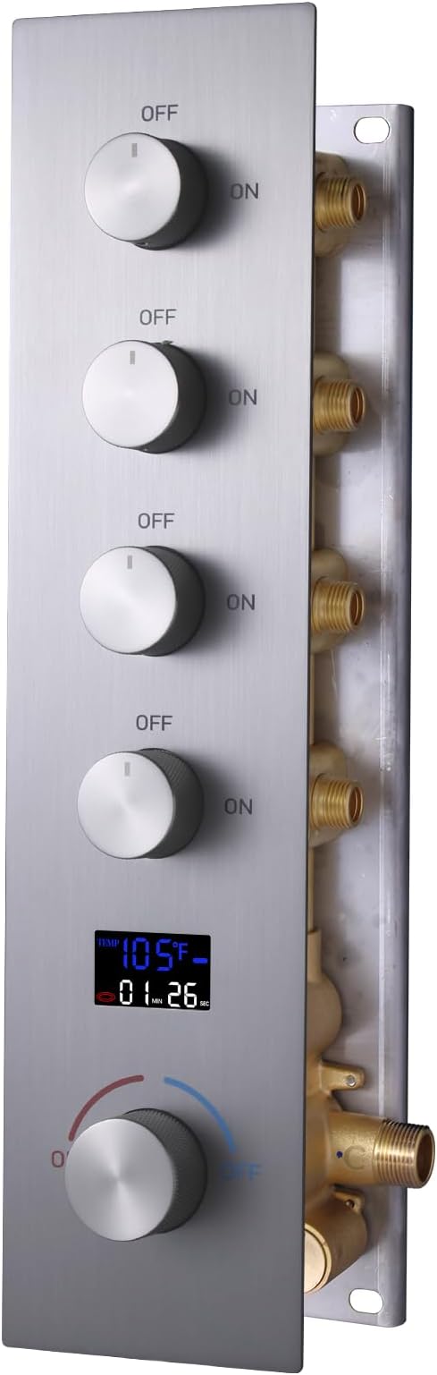 4 Way Shower Diverter Valve with Temperature Display Brass Rough-In Shower Mixing Valve Kit Replacement Can Work At The Same Time, Brushed Nickel