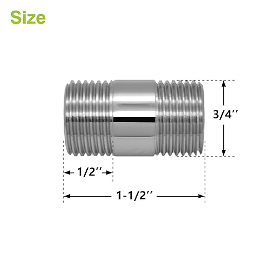 Naiture Brass Heavy Duty 1/2 NPT Connection Threaded Pipe Fitting Nipple, 1-1/2" Long, Chrome Finish