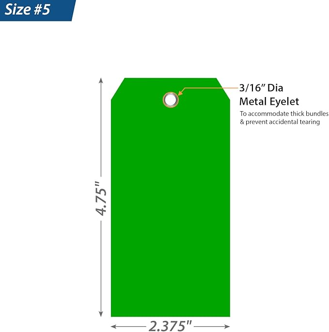 SmartSign 100-Pack Green Plastic Tags with Pre-Punched Hole, 4.75" x 2.375", Size#5, 10 mil Tearproof Plastic Tags with Metal Eyelet, Writable Blank Tags for Shipping/Labeling, USA-Made
