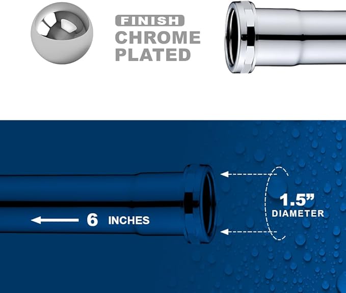 ZM 1-1/2 Inch Heavy Duty Extension Tube with Slip Joint Connection, 6 Inch Length, 22 Gauge, Brass Plumbing Fitting, Chrome