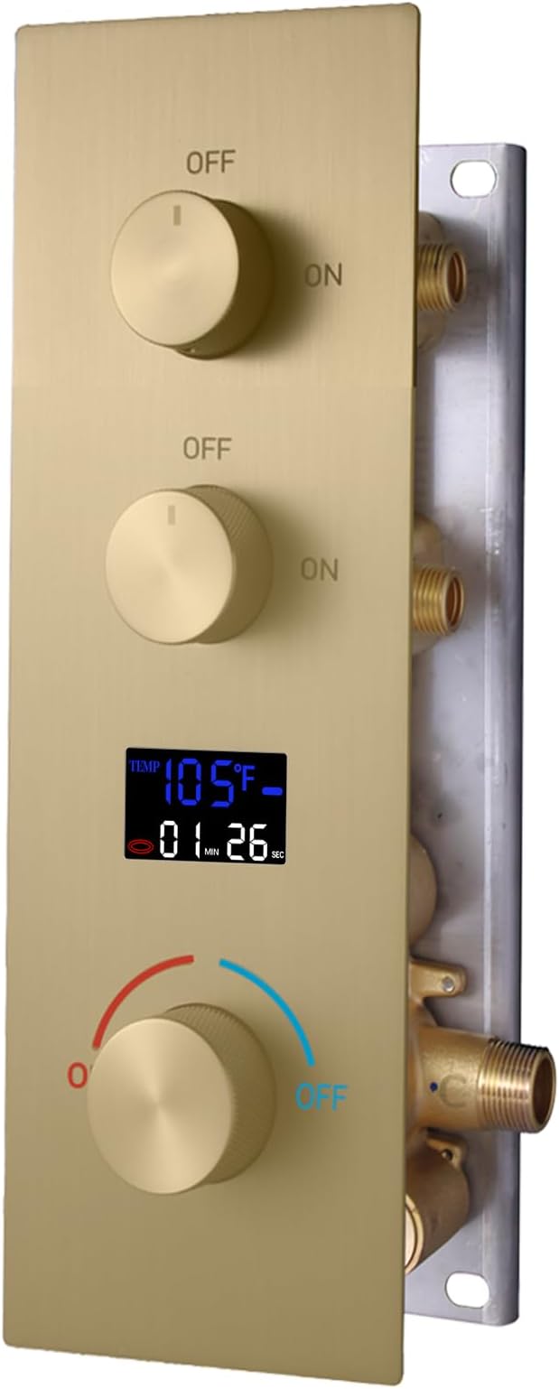 Brushed Gold 2 Function Shower Diverter with Temperature Display Solid Brass Shower Mixer Valve Pressure Balancing and Flow Control Bathroom Shower Diverter Valve