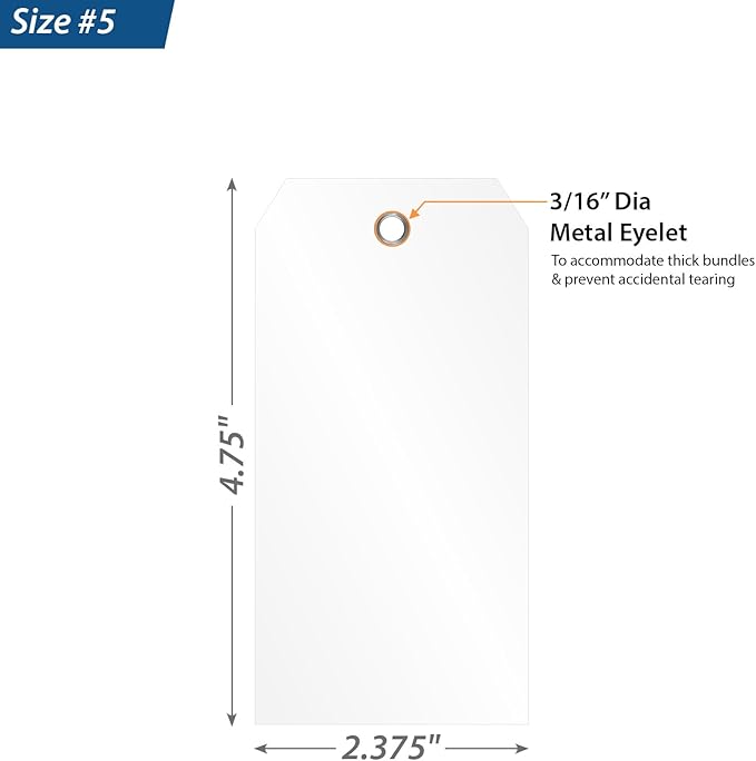 SmartSign 100-Pack White Plastic Tags with Pre-Punched Hole, 4.75" x 2.375", Size#5, 10 mil Tearproof Plastic Tags with Metal Eyelet, Writable Blank Tags for Shipping/Labeling, USA-Made