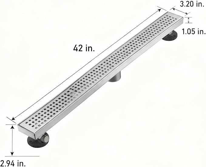 Linear Shower Floor Drain, Brushed Nickel 42 Inch 304 Stainless Steel Bathroom Drains Kit, Long Rectangular Shower Trench Drain with Square Pattern Drain Cover & Hair Catcher