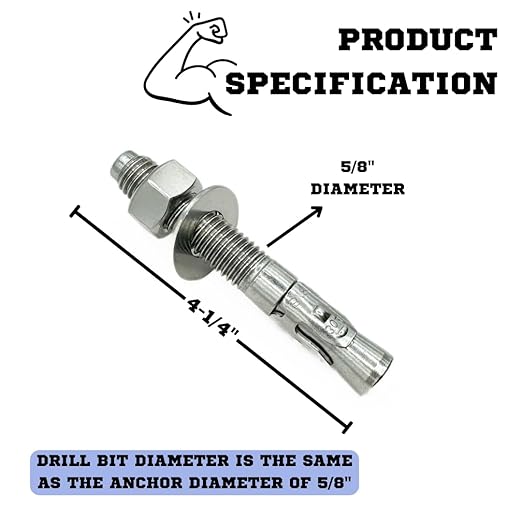 Wedge Anchors – Heavy-Duty 304 Stainless Steel Expansion Bolts for Concrete & Masonry, Rust-Resistant & Durable - 5/8" X 4-1/4" - 10 Pack