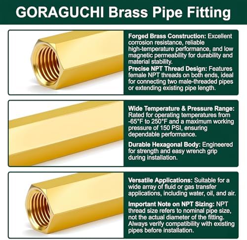 2PCS Brass Pipe Fitting, 1/8" NPT Female Nipple, 6" Length for water/oil/air/fuel