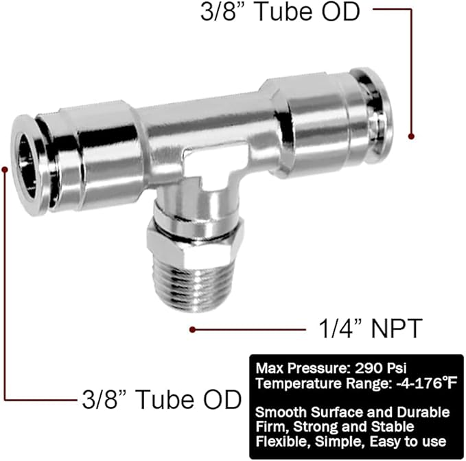 Beduan Push to Connect Tube Fitting Union Tee, Copper Nickle-Plated 3/8" Tube OD x 1/4" NPT Male Thread Shaped Union Adapter Fitting (Pack of 2)
