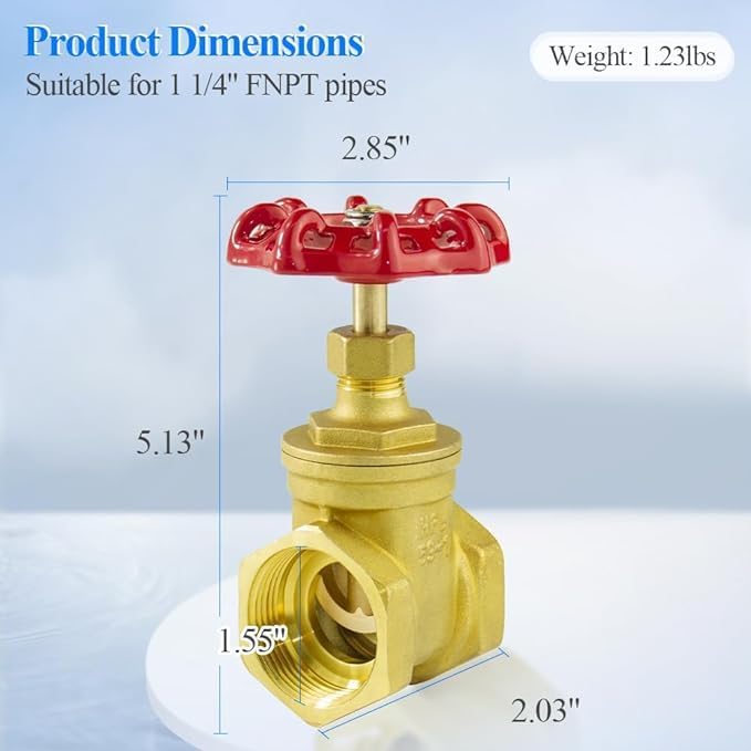 WiseWater Brass Gate Valve,1 1/4" NPT Rotating Sluice Valve Two-way Flow Manual Rotary Sluice, for Mechanical Equipment Industaril Household Use (DN32)