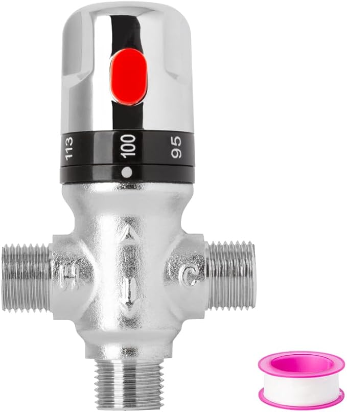WiseWater Thermostatic Mixing Valve with 1/2 NPT thread, Chrome Plated Brass 3-way Constant Temperature Control Valve Fahrenheit Scale Mark Bathroom Faucet and Shower Water Mixing Valve