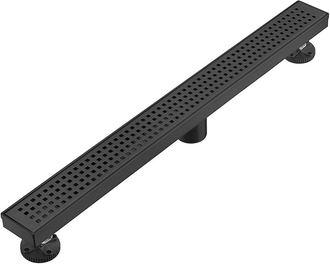 Linear Shower Floor Drain, Matte Black 32 Inch 304 Stainless Steel Bathroom Drains Kit, Long Rectangular Shower Trench Drain with Square Pattern Drain Cover & Hair Catcher
