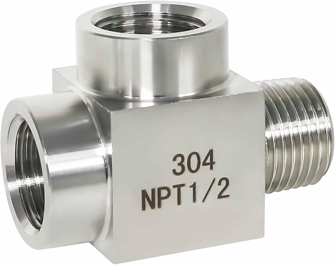 1/2 NPT tee pipe fitting male run tee, 3 ways T adapter stainless steel t connector, female x female x male threaded pipe adapter for pressure gauge fuel line, 4350 psi