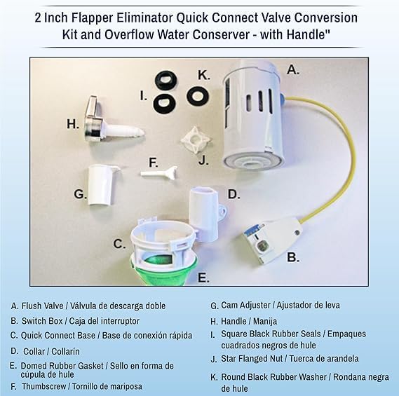 2 INCH FLAPPER AND CHAIN ELIMINATOR QUICK CONNECT VALVE CONVERSION KIT AND OVERFLOW WATER CONSERVER - WITH HANDLE