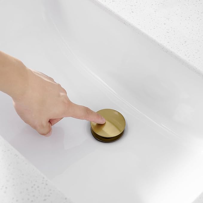 BWE Brushed Gold Pop Up Drain for Bathroom Sink Without Overflow Bathroom Sink Stopper Assembly with Sink Drain Strainer, Brass
