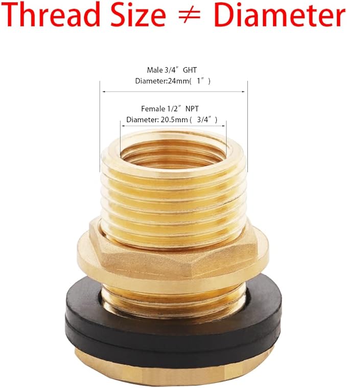 Brass Tank Bulkhead Fitting With Plug,Double 1/2" Female NPT and 3/4" Male GHT (Garden Hose Threaded)