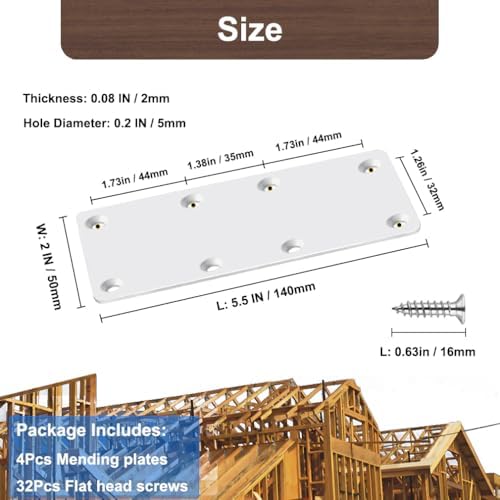 White Mending Plate 4 Pcs Stainless Steel Flat Brackets, 5.5 Inch x 2 Inch Heavy Duty Straight Brace Repair Fixing Joining Brackets for Wood Furniture Fence with Screws