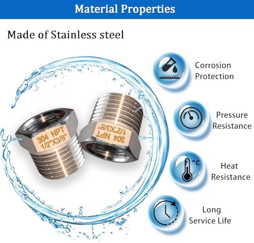 2 Pcs Stainless Steel Bushing 1/2" Male to 3/8" Female, 1/2" to 3/8" NPT Adapter Hex Stainless Steel Reducing Pipe Adapter Fitting Pipe Hose Tube Adapter Convert