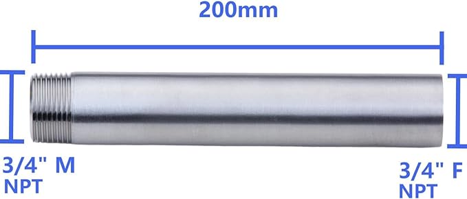 CONSTELLAR 304 Stainless Steel Pipe Fitting - 3/4" NPT Male x 3/4" NPT Female Threaded Thickened Pipe Wall, 200mm (8 inch) Length Heavy Nipple Seamless Pipe (1 Pcs)