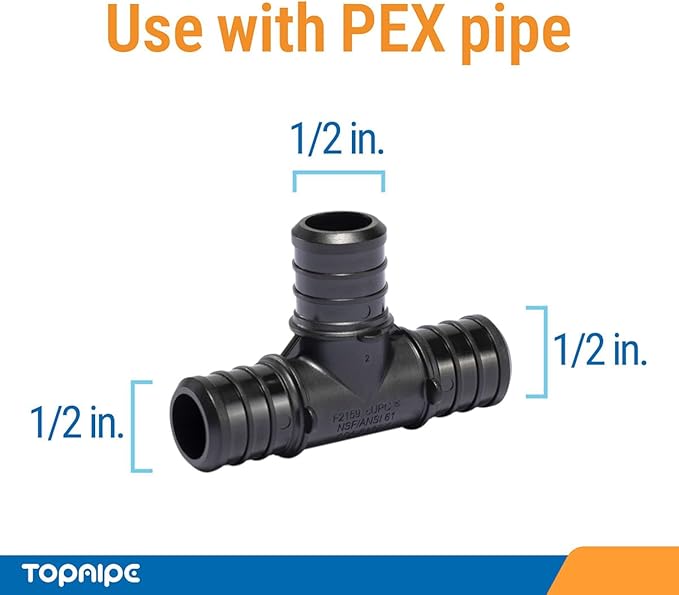 (Pack of 20) Topaipe 1/2 x 1/2 x 1/2 Inch PEX Poly Crimp Equal Tee, PPSU Fitting for PEX Tubing, PERT, ASTM F2159