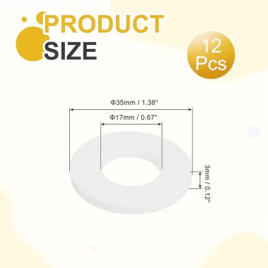 MECCANIXITY PTFE Flat Washers, 12Pack 35mm OD 17mm ID 3mm Thick Sealing Spacer Gasket Ring for Faucet Pipe Hose Bolt Machinery, White