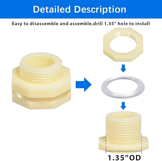 Quickun 3/4" ABS Bulkhead Water Tank Connector Adapter Fitting with Plugs Thru-Bulk Pipe Fitting (Set of 2)