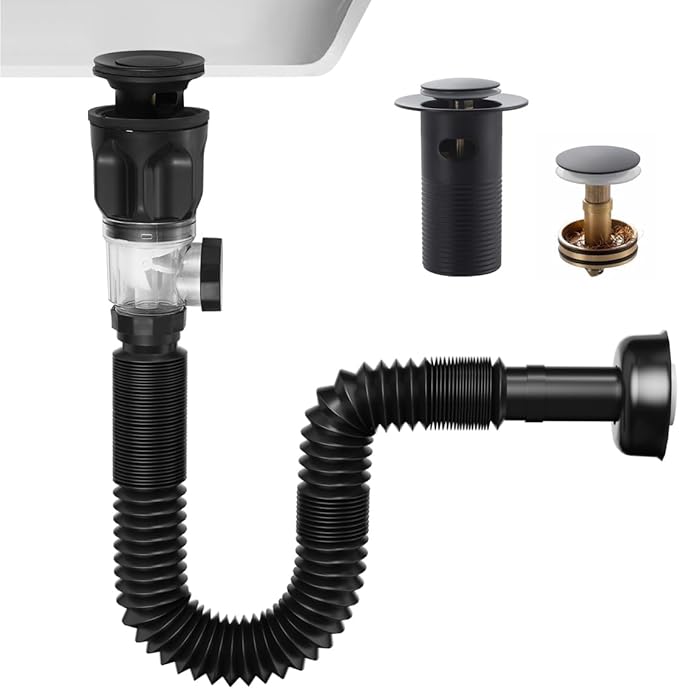Bathroom Sink P trap with Overflow Drain - TSIBOMU Flexible Sink Drain Pipe for Basin drain replacement,Fits 1-1/4",1-1/2"and 2" Holes,Matte Black
