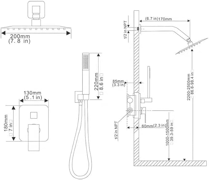 Oil Rubbed Bronze Shower System 8 Inch Bathroom Rain Mixer Shower Combo Set Wall Mounted Rainfall Shower Head and Handheld System Shower Faucet Set Rough-in Valve Body and Trim Kit