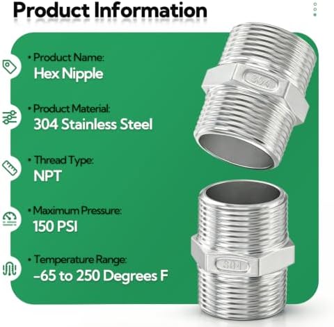 TAISHER 5PCS Cast 304 Stainless Steel Hex Nipple, Pipe Fitting 3/4-Inch Male Pipe x 3/4-Inch Male Pipe