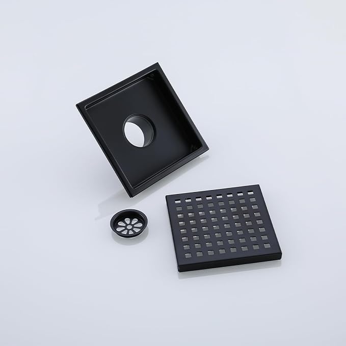 Square Shower Drain 6", SUS 304 Stainless Steel Floor Drain with Grid Drain Cover & Hair Strainer, Matte Black