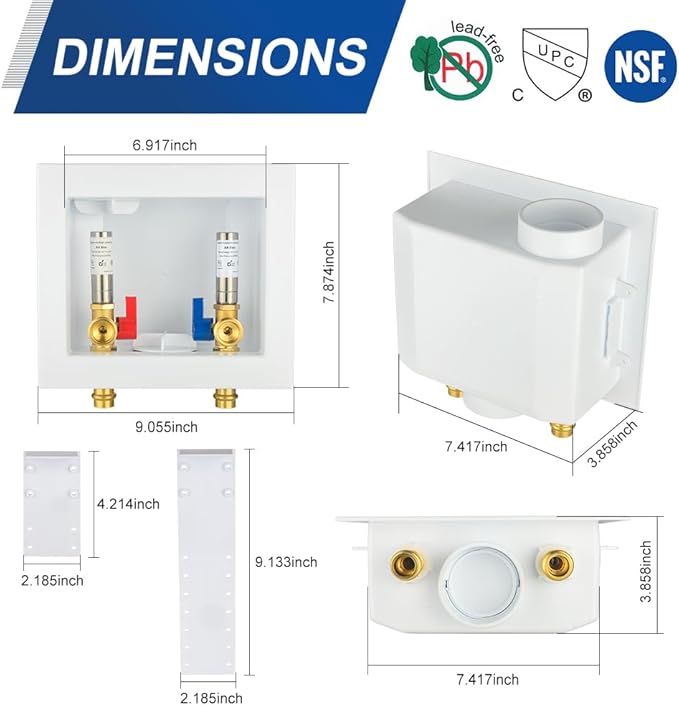 EFIELD Washing Machine Outlet Box, 1/2-inch Copper Press Inlet with Center Drain, White (SS Water Hammer Arrestor),(WM056)