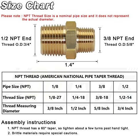 KOOTANS 1/2 NPT x 3/8 NPT Male Solid Brass Hex Nipples,4 PACK