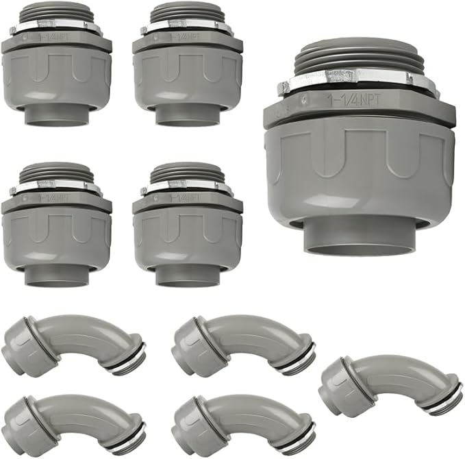 Conduit Connectors, 1-1/4 Inch Liquid Tight Connector NPT Non-Metallic for PVC Electrical Flexible Conduit Fittings, 5 Straight and 5 Angle 90 Degree, UL Listed, Grey (10-Pack)