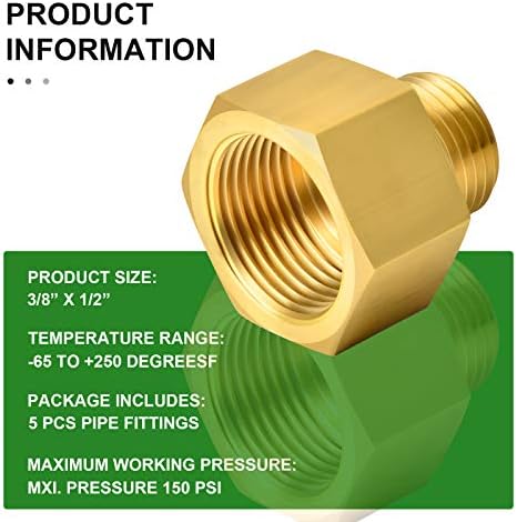 TAISHER 5PCS Brass Pipe Fitting, Reducer Adapter, 3/8-Inch Male Pipe x 1/2-Inch Female Pipe