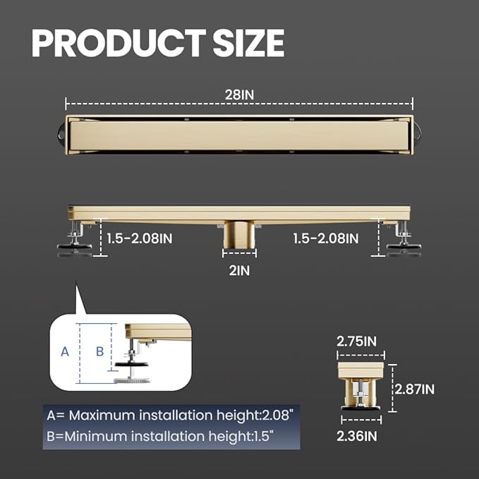Linear Shower Drain 28 Inch Gold, Brushed AISI 304 Stainless Steel Shower Drain with 2-in-1 Tile Insert Panel, for Bathroom, Kitchen, Garage & More