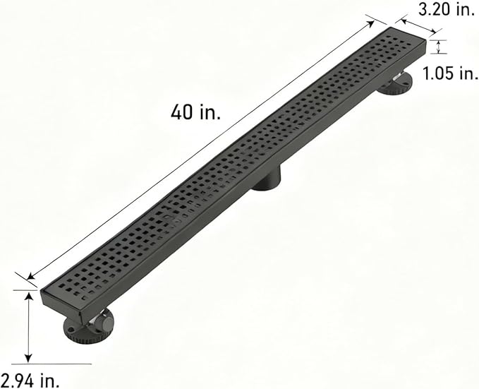 Linear Shower Floor Drain, Matte Black 40 Inch 304 Stainless Steel Bathroom Drains Kit, Long Rectangular Shower Trench Drain with Square Pattern Drain Cover & Hair Catcher