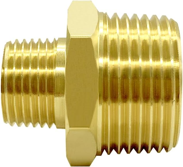Hooshing 2PCS Brass Reducing Hex Nipple 3/8" NPT Male x 3/4" NPT Male Thread Brass Pipe Fitting Adapter,OD 5/8" to OD 1"